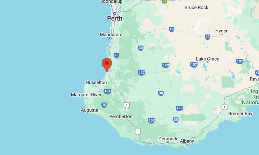 Google map showing south western WA and Bunbury.